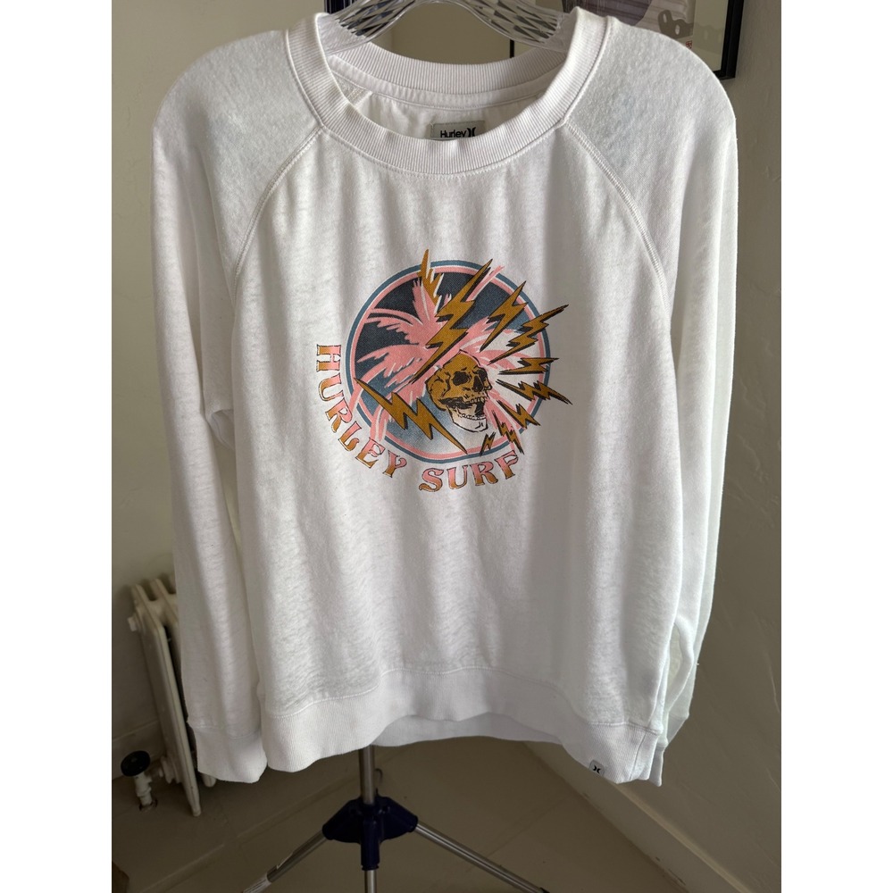 Hurley Surf Graphic Sweatshirt White Skull Palm Tree Lightning Bolt Womens M